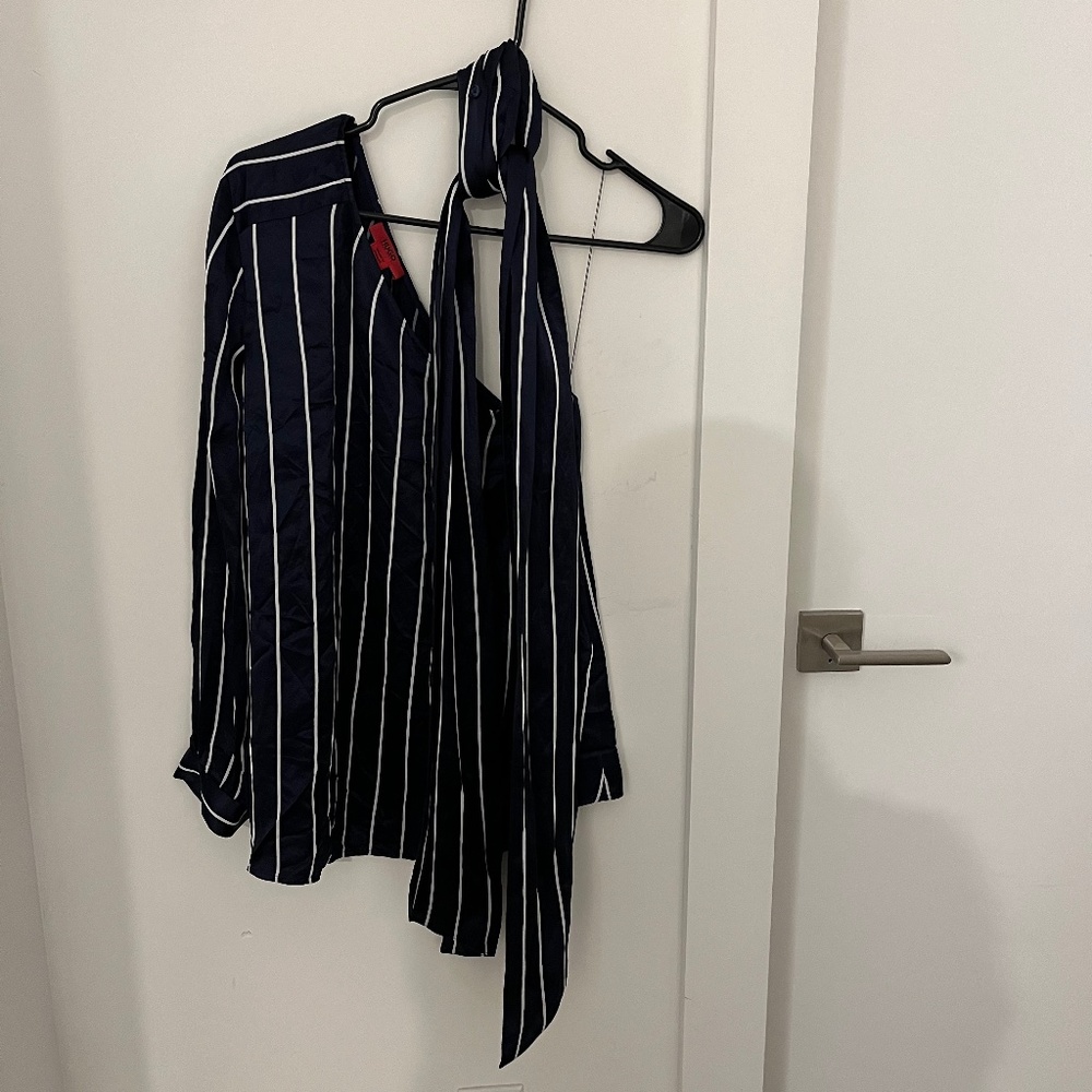 Hugo Boss Women's "Casini" Blue Striped Open Shoulder Blouse Top